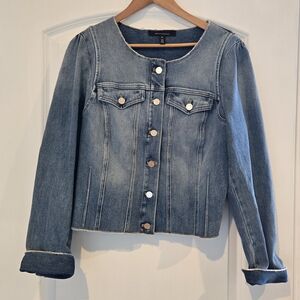 White House Black Market Collarless Crop Denim Jacket | Blue | XL